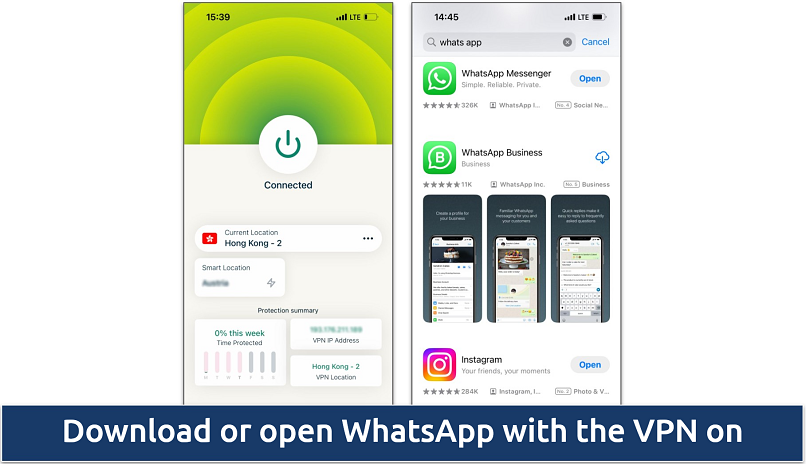 Screenshot showing how to stay connected to the VPN server while downloading WhatsApp from the AppStore from China