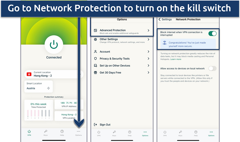 Screenshot showing how to turn on kill switch on ExpressVPN iOS app