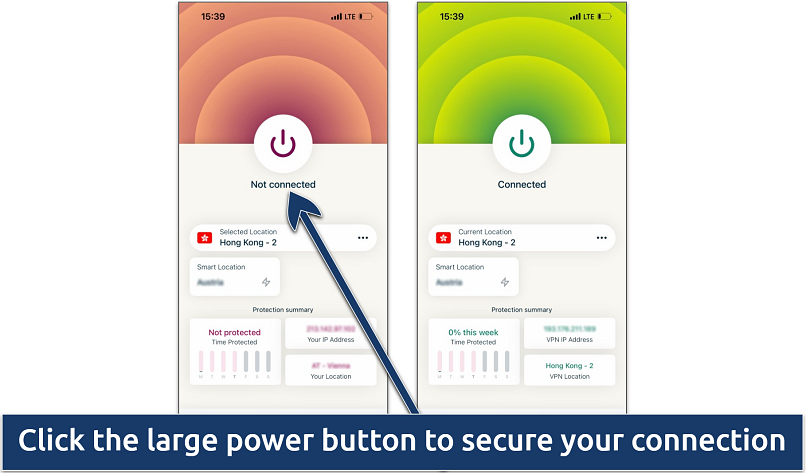 Screenshot showing how to connect to a server on ExpressVPN iOS app