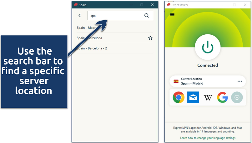 Screenshot of ExpressVPN's Windows app connected to Madrid, Spain
