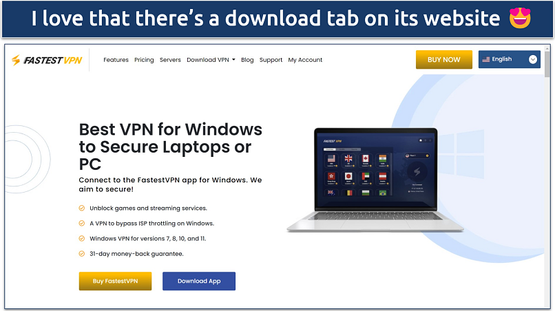 Screenshot of FastestVPN's website highlighting where to download the Windows app