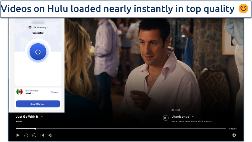 Screenshot of Hulu player streaming Just Go With It while connected to FastestVPN's US streaming server 