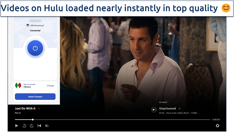 Screenshot of Hulu player streaming Just Go With It while connected to FastestVPN's US streaming server