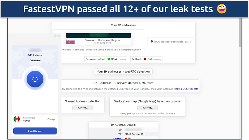 Screenshot of a leak test done on ipleak.net while connected to FastestVPN's Slovakia server