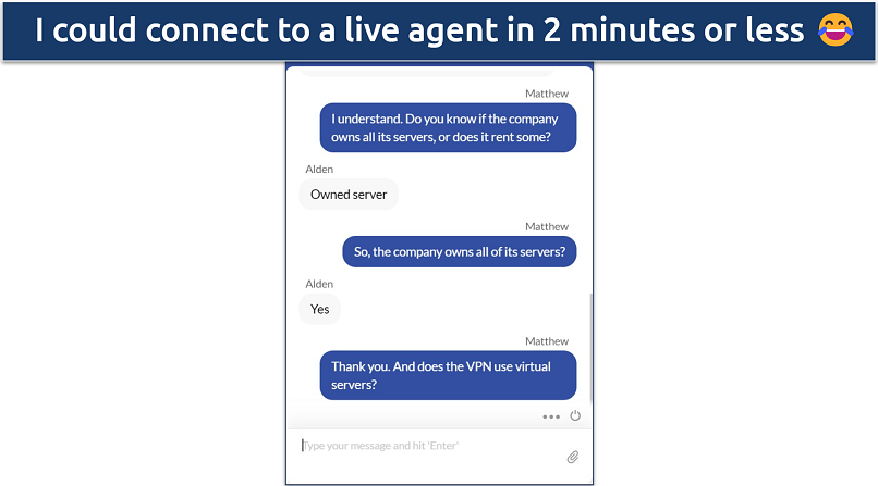 Screenshot of a conversation with FastestVPN's live support where they confirm it owns all its servers 