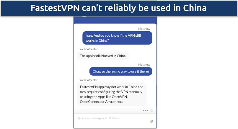 Screenshot of a conversation with FastestVPN's support staff where they claimed the app can't be used in China 