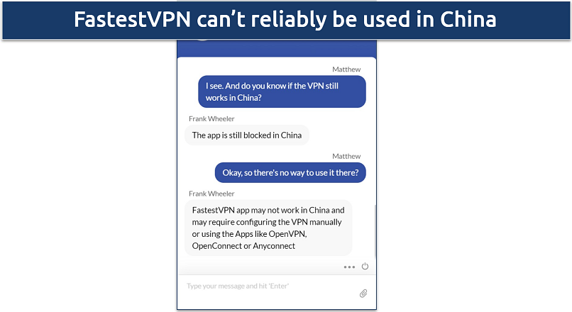 Screenshot of a conversation with FastestVPN's support staff where they claimed the app can't be used in China