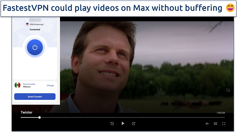 Screenshot of Max player streaming Twister while connected to FastestVPN's USA Streaming server