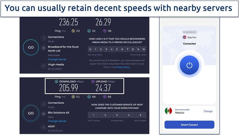 Screenshot of Ookla speed tests done with no VPN connected and while connected to FastestVPN's Norway server