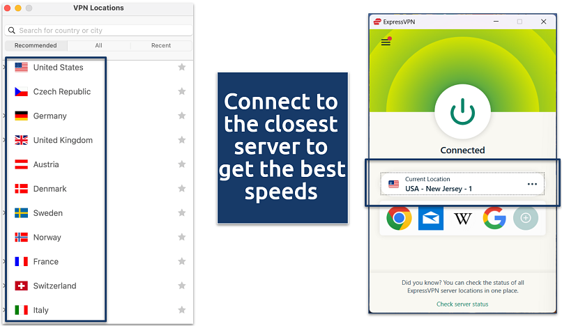 A screenshot showing ExpressVPN's server selection  interface