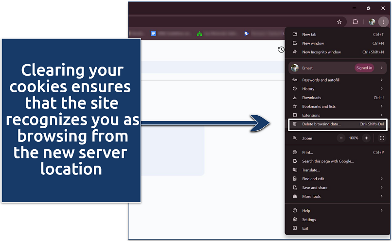 Screenshot showing how to clear browsing data in Chrome