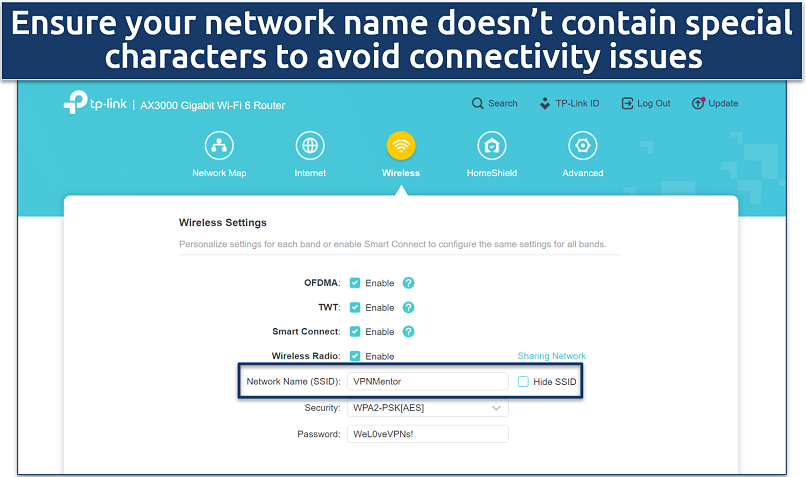 A screenshot showing a router's wireless settings page