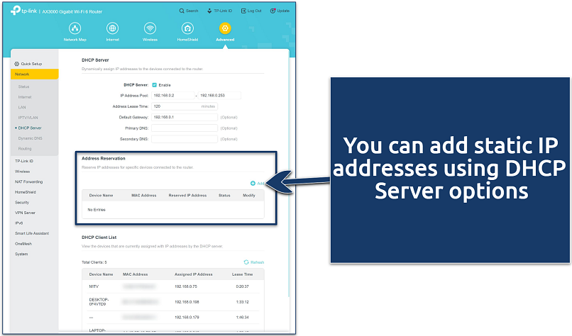 A screenshot showing a router's DHCP settings page