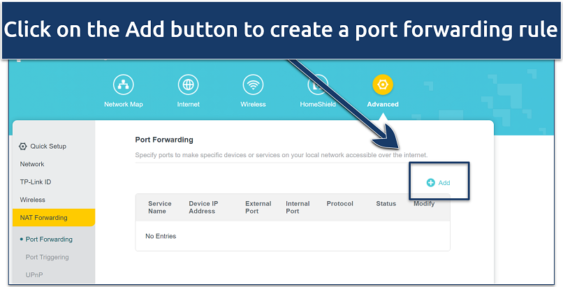 Screenshot showing how to start creating a port forwarding rule