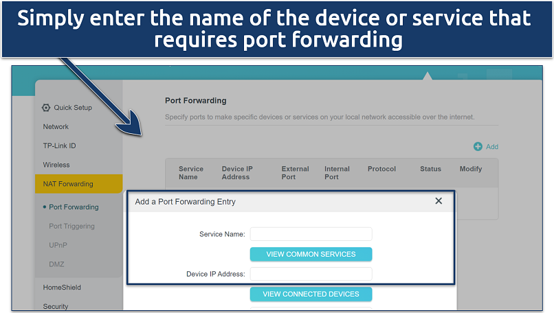 A screenshot showing a how to setup port forwarding