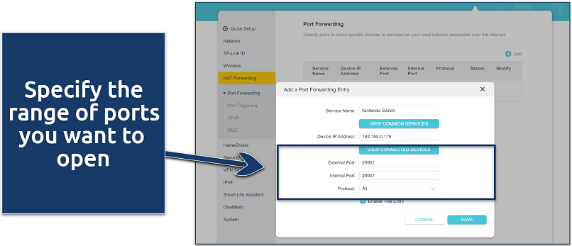 A screenshot showing how to specify the range of ports for forwarding