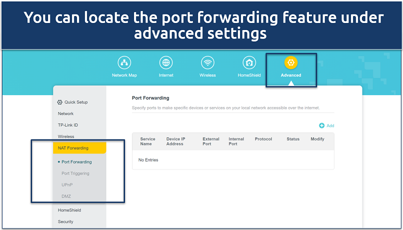 A screenshot showing a router's port forwarding settings page