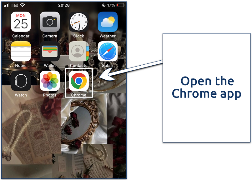 Screenshot showing how to open the Chrome browser on iPhone