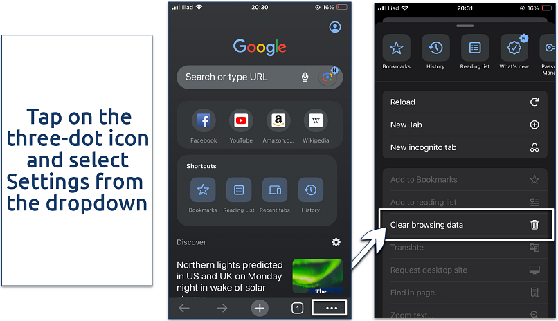 Screenshot showing how to open Chrome context menu on iPhone