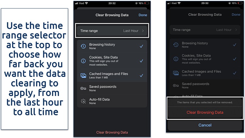 Screenshot showing how to select specific Chrome data for deletion on iPhone