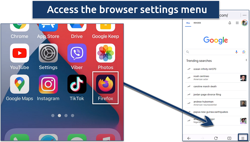 Screenshot showing how to access Firefox browser settings on iPhone