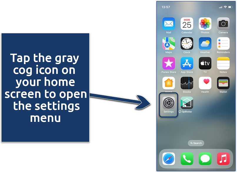 Screenshot showing how to find the Settings app on iPhone