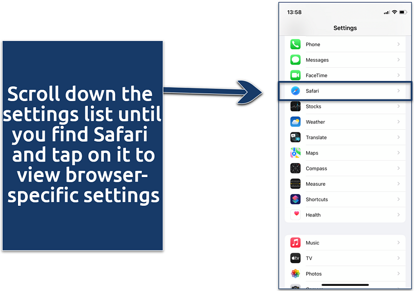 Screenshot showing how to find the Safari Settings option on iPhone