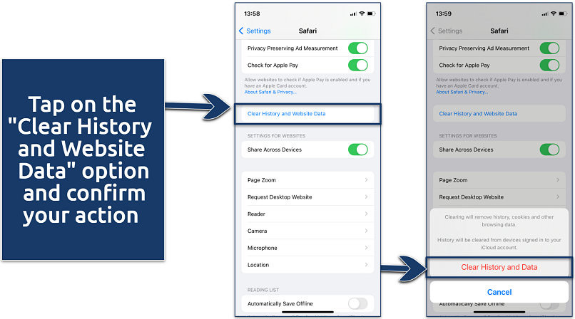 Screenshot showing how to find the Clear History and Website Data on iPhone