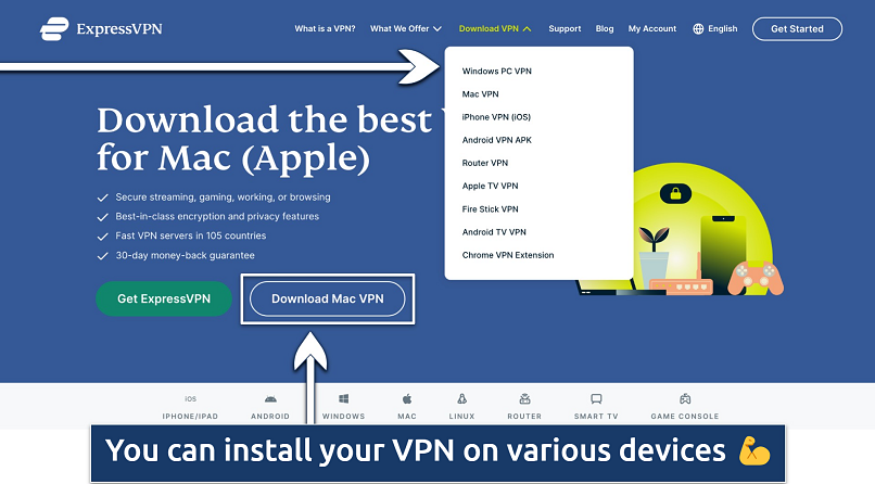 Screenshot showing the download page on the ExpressVPN website