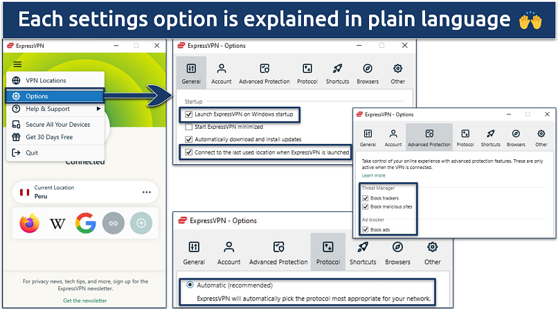 Screenshot showing the settings page on the ExpressVPN app