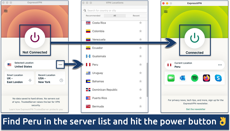 Screenshot showing the home screen and server list of the ExpressVPN app