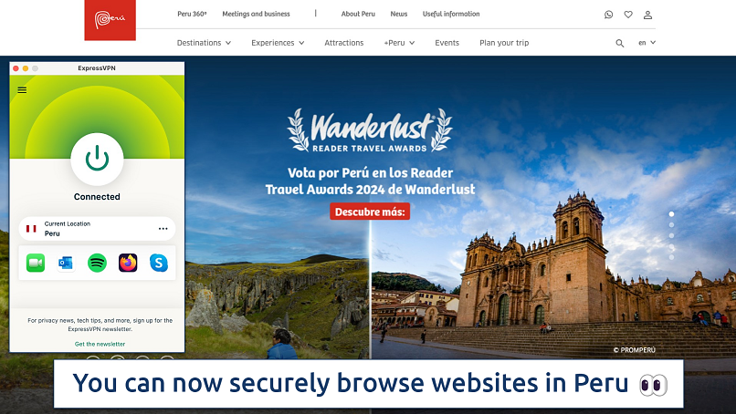 Screenshot showing the ExpressVPN app over a Peru travel website