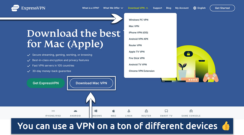 Screenshot showing the app download page on the ExpressVPN website