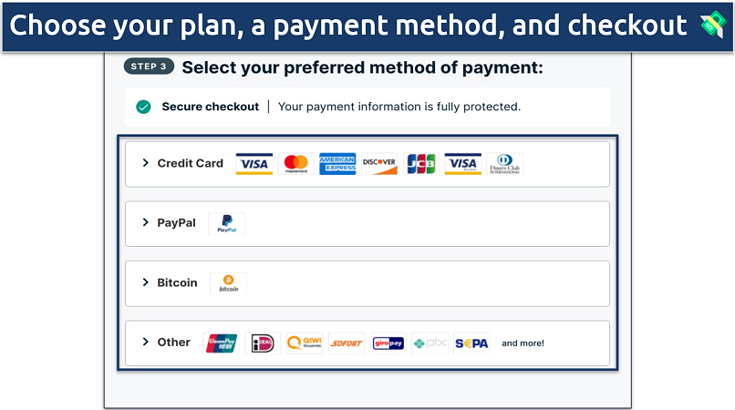 A screenshot of ExpressVPN's checkout page showing payment options