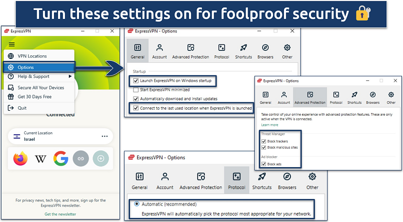 Screenshot showing a variety of settings in the ExpressVPN app