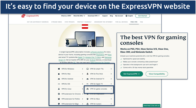 Screenshot of the ExpressVPN download page listing all the devices compatible with the VPN