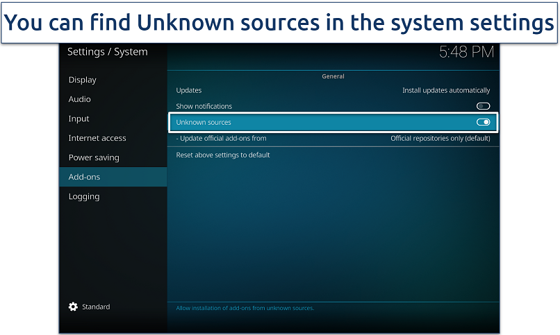 Screenshot of Kodi's system settings window