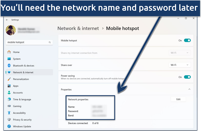 Screenshot of the Network & internet > Mobile hotspot settings on Windows 11