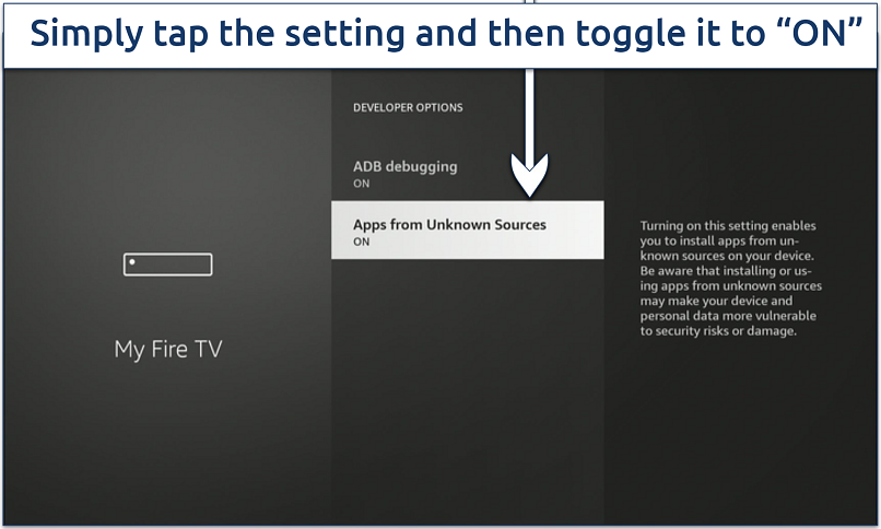 Screenshot of the Firestick Developer Options panel with the ADB Debugging and Apps from Unknown Sources settings