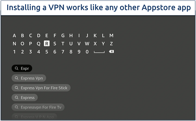 Screenshot of searching for the ExpressVPN app on the Amazon Appstore on Firestick