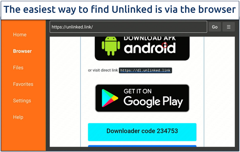 Screenshot of the Downloader app's browser on Firestick with Unlinked.link typed in the URL bar