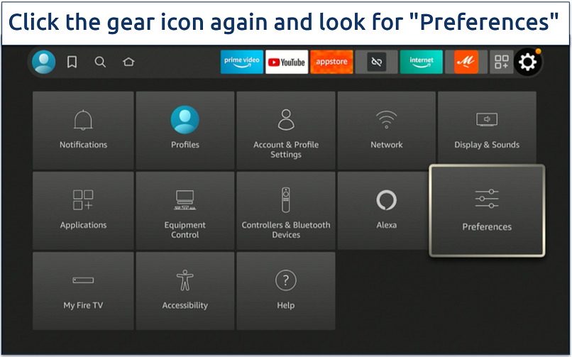 Screenshot of the Firestick settings menu with the Preferences option highlighted