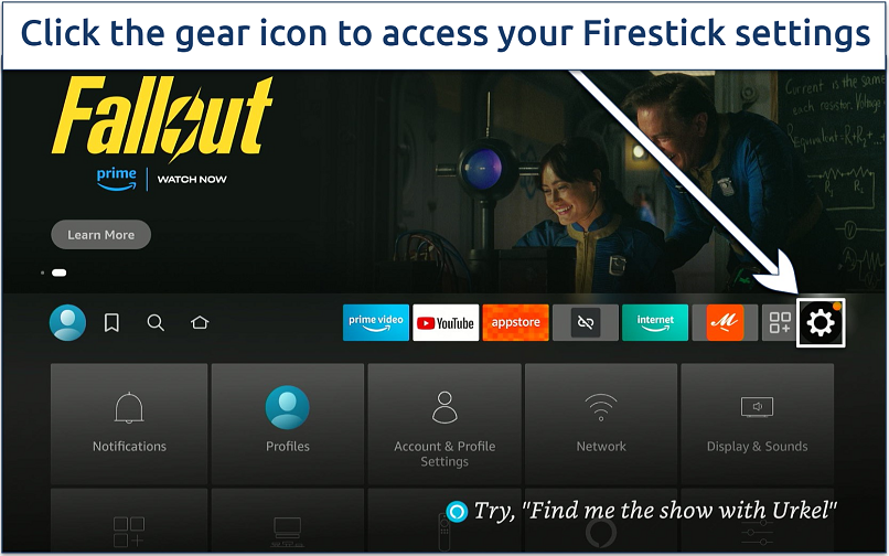 Screenshot of the Firestick dashboard with the settings gear icon highlighted