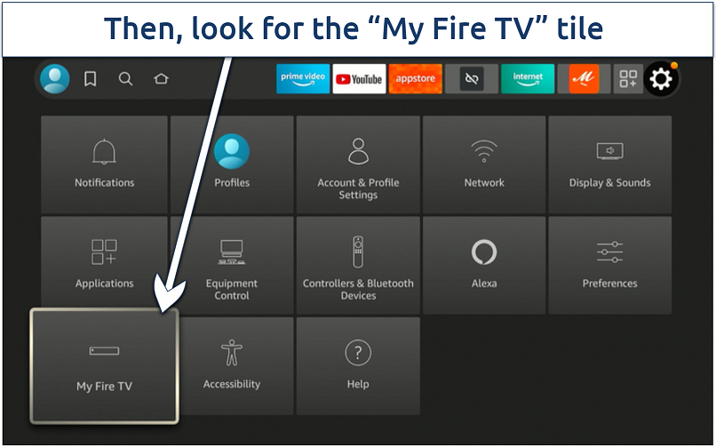 Screenshot of the Firestick settings dashboard with the My Fire TV tile highlighted