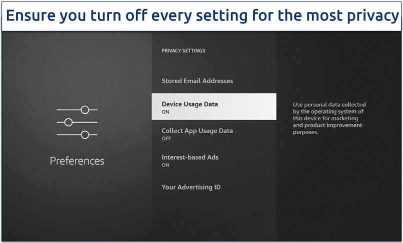 Screenshot of the Firestick Privacy Settings menu options