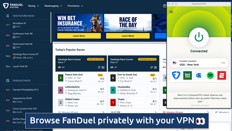 Screenshot of the FanDuel racing page with ExpressVPN connected to a USA - New York server