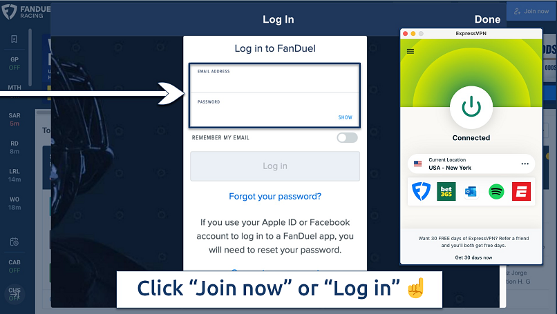 Screenshot of the FanDuel login page with ExpressVPN connected to a USA - New York server