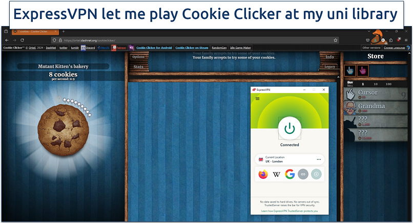 Screenshot of ExpressVPN connected to a London server while playing Cookie Clicker