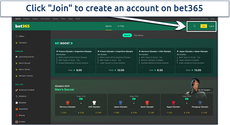 Screenshot of the bet365 platform home page