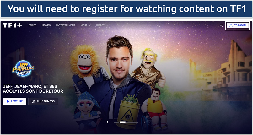 Screenshot showing the landing page of TF1 with To Log In option highlighted.